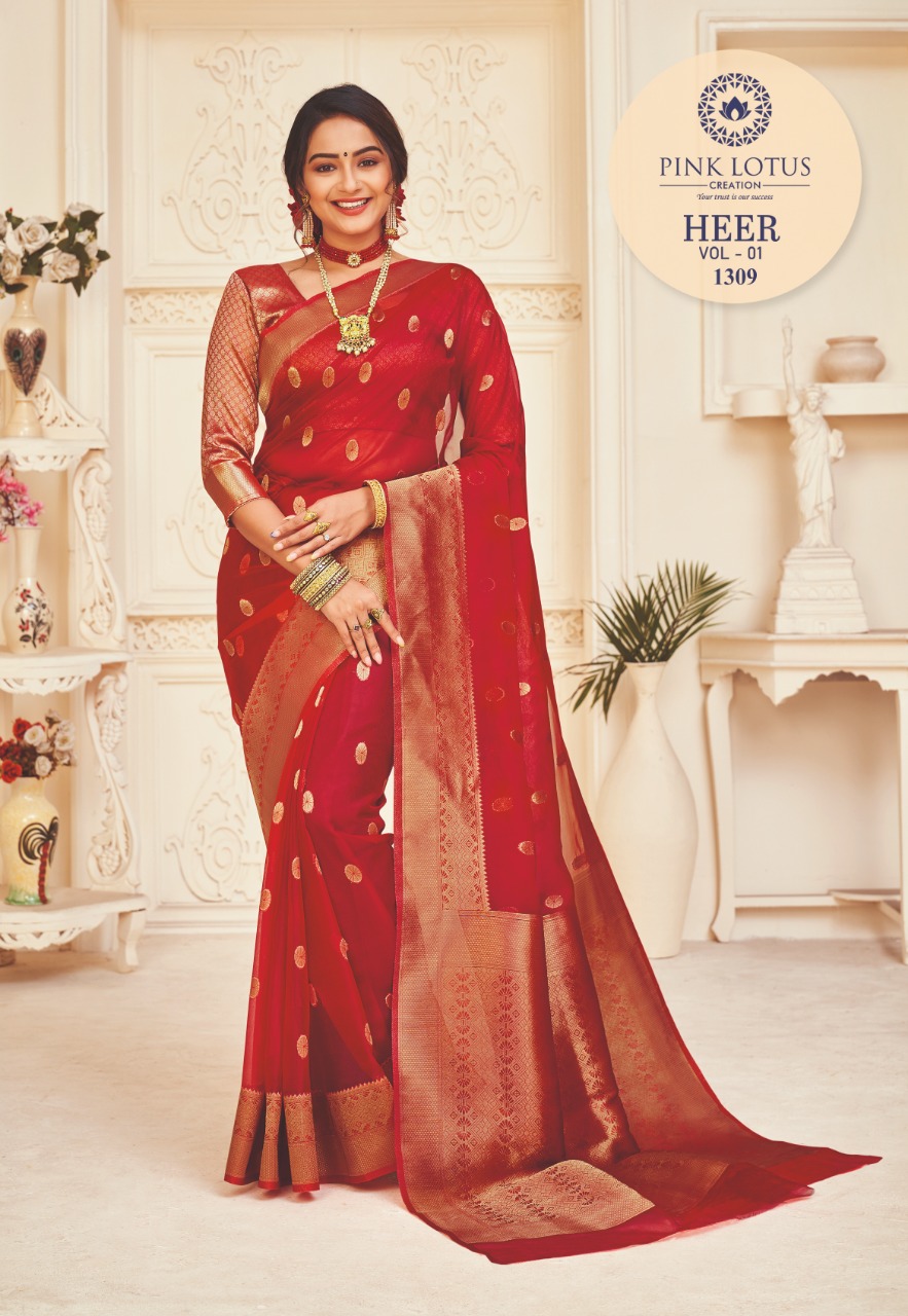 pink lotus pankh heer organza decent look saree catalog