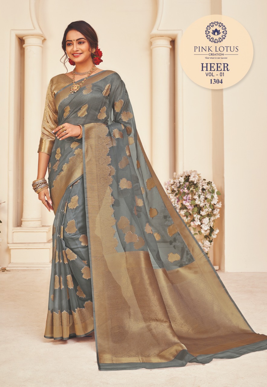 pink lotus pankh heer organza decent look saree catalog