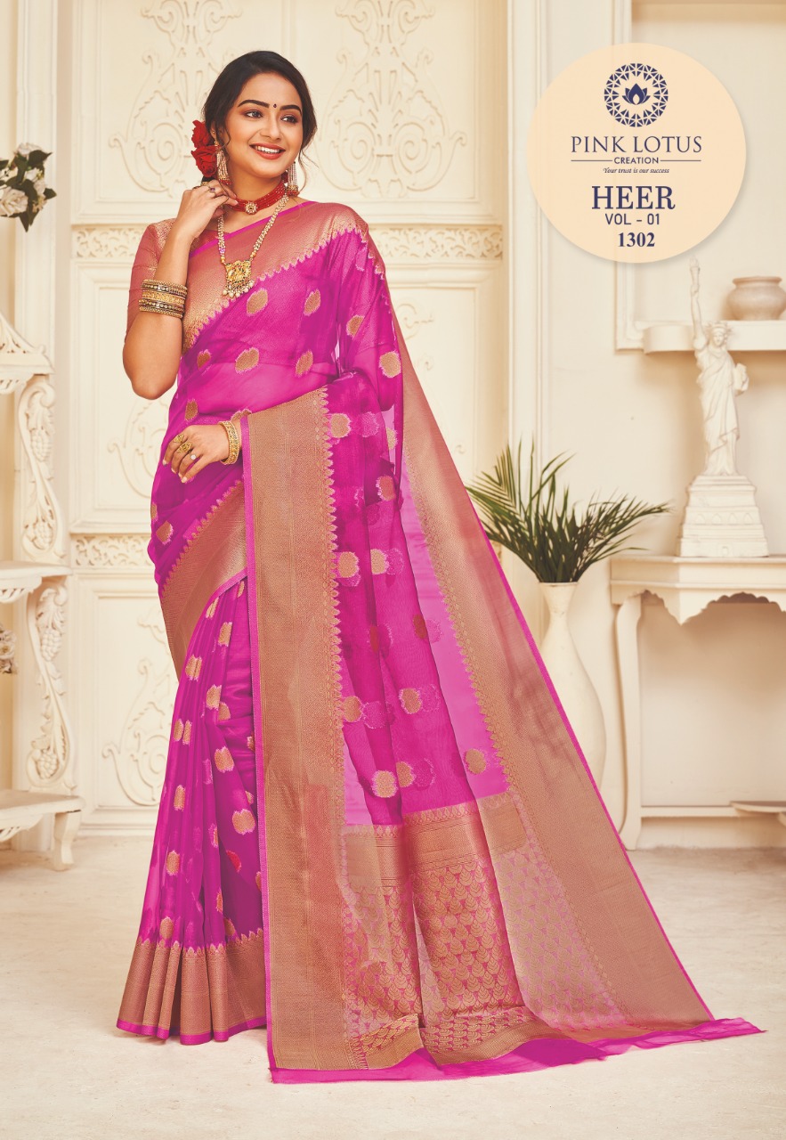 pink lotus pankh heer organza decent look saree catalog