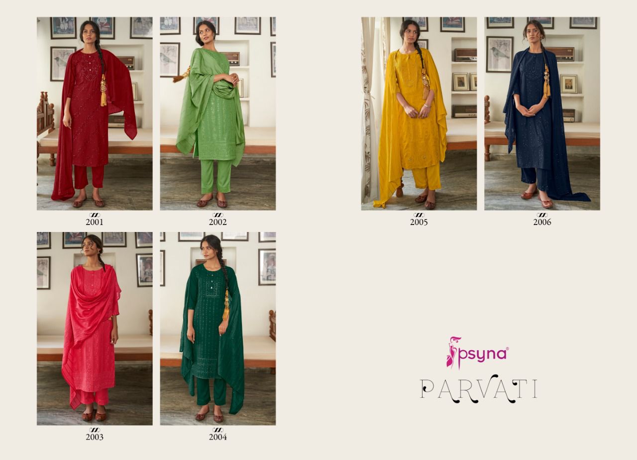 psyna parvati rayon new and modern style top bottom with dupatta catalog