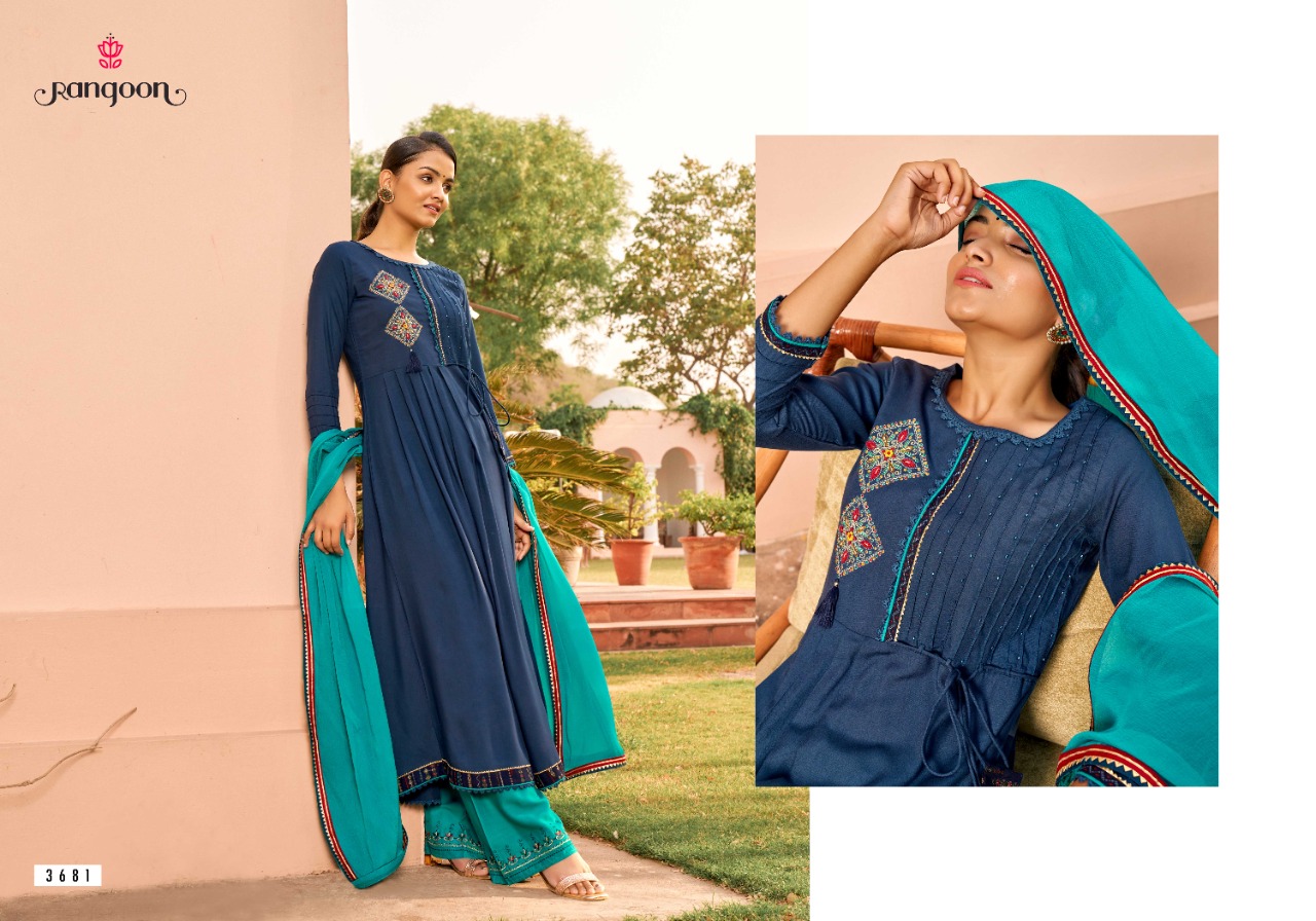 rangoon dastak rayon classic trendy look top bottom with dupatta catalog