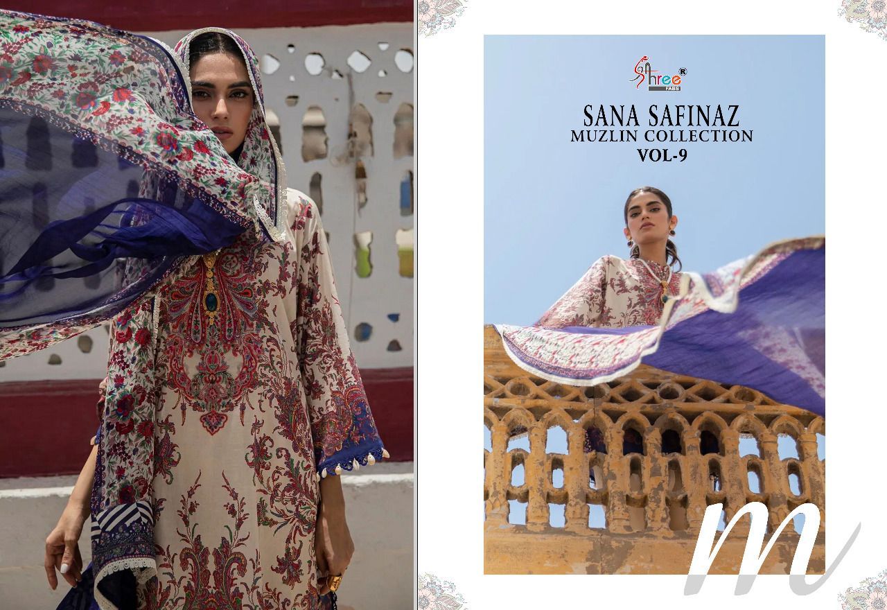 shree fabs sana safinaz muzlin collection vol 9 cotton elegant print salwar suit chiffon dupatta catalog