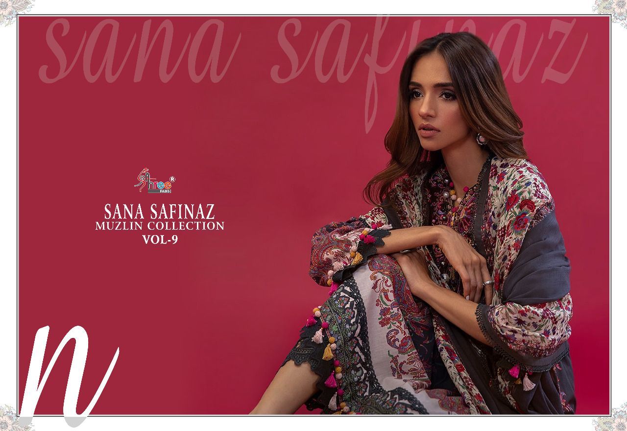 shree fabs sana safinaz muzlin collection vol 9 cotton elegant print salwar suit chiffon dupatta catalog