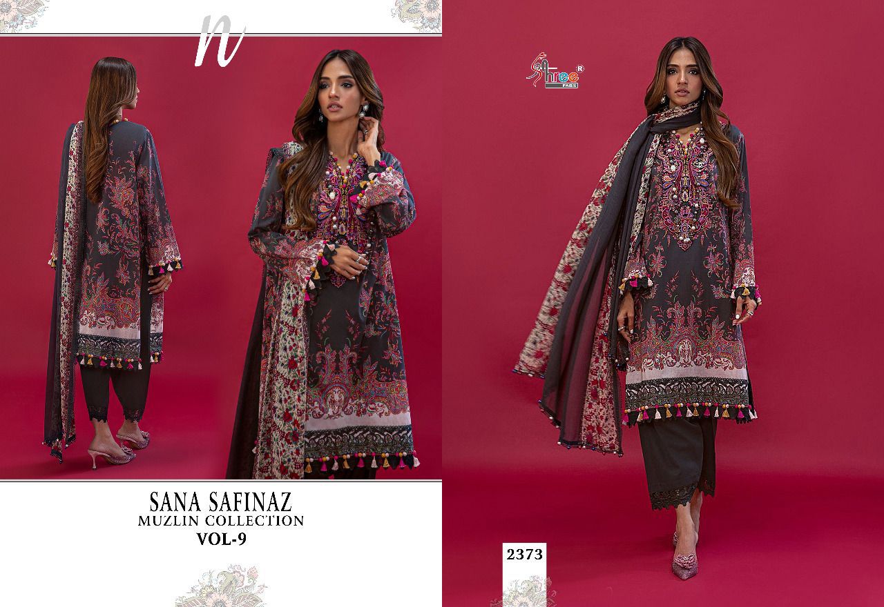 shree fabs sana safinaz muzlin collection vol 9 cotton elegant print salwar suit chiffon dupatta catalog