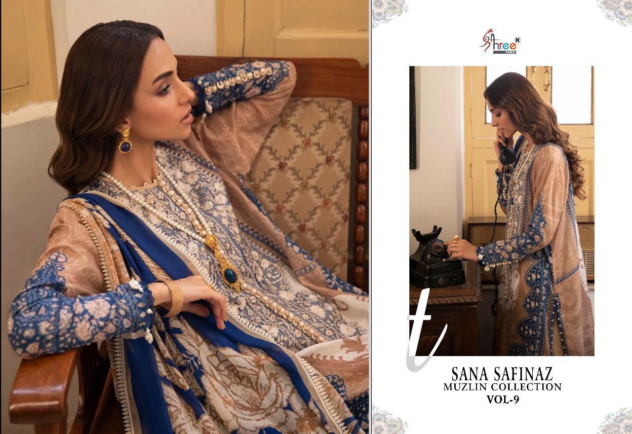 shree fabs sana safinaz muzlin collection vol 9 cotton elegant print salwar suit chiffon dupatta catalog