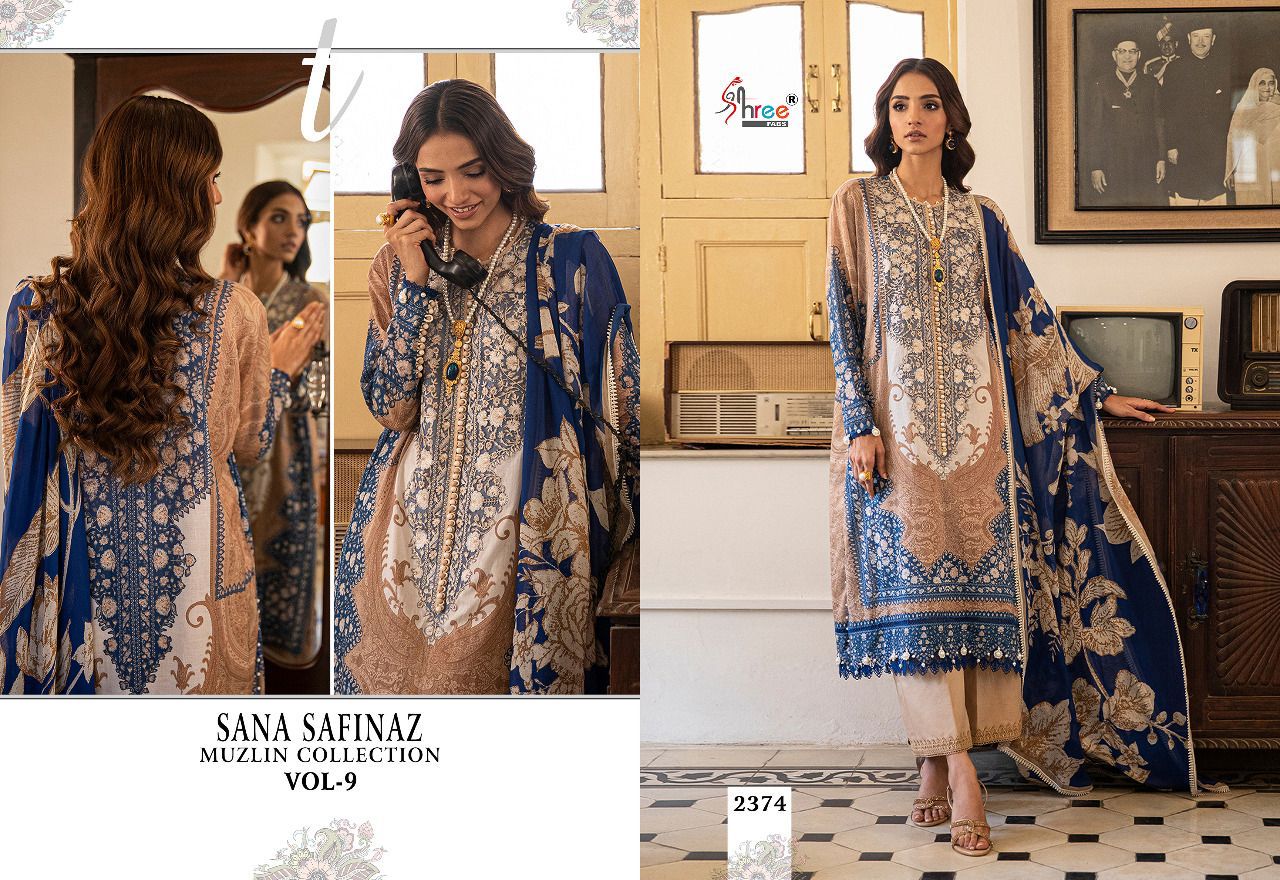 shree fabs sana safinaz muzlin collection vol 9 cotton elegant print salwar suit chiffon dupatta catalog