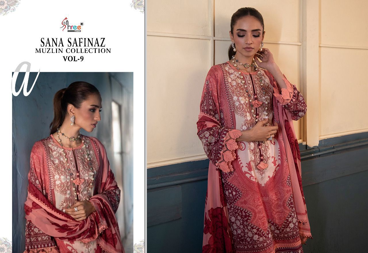 shree fabs sana safinaz muzlin collection vol 9 cotton elegant print salwar suit chiffon dupatta catalog