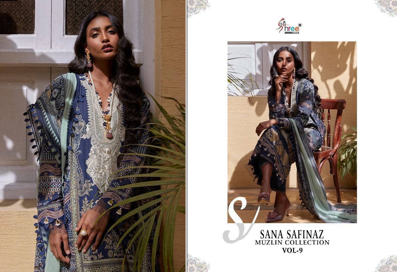 shree fabs sana safinaz muzlin collection vol 9 cotton elegant print salwar suit chiffon dupatta catalog