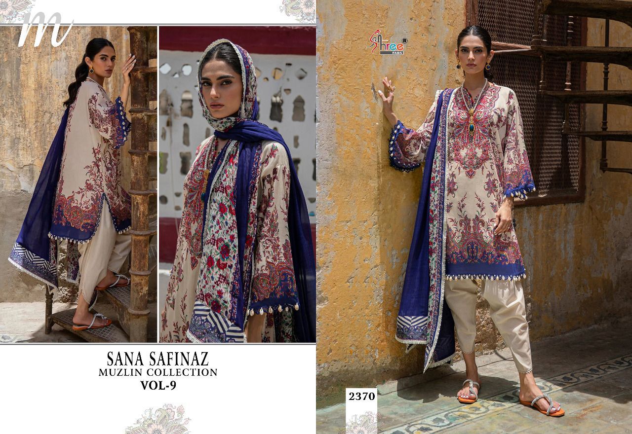 shree fabs sana safinaz muzlin collection vol 9 cotton elegant print salwar suit chiffon dupatta catalog