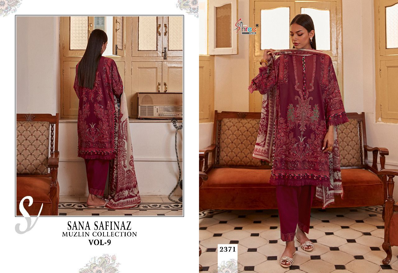 shree fabs sana safinaz muzlin collection vol 9 cotton elegant print salwar suit chiffon dupatta catalog