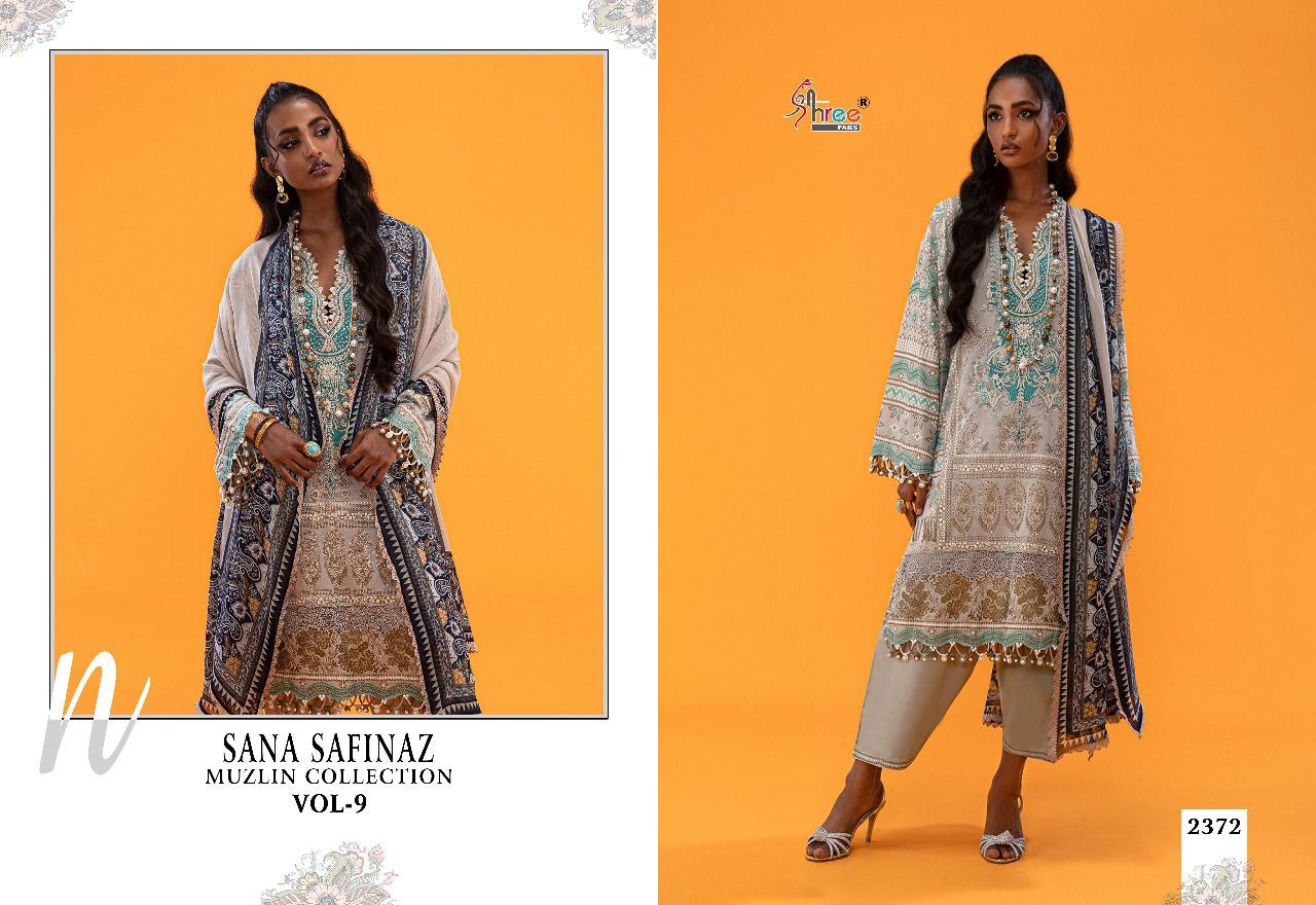 shree fabs sana safinaz muzlin collection vol 9 cotton elegant print salwar suit chiffon dupatta catalog