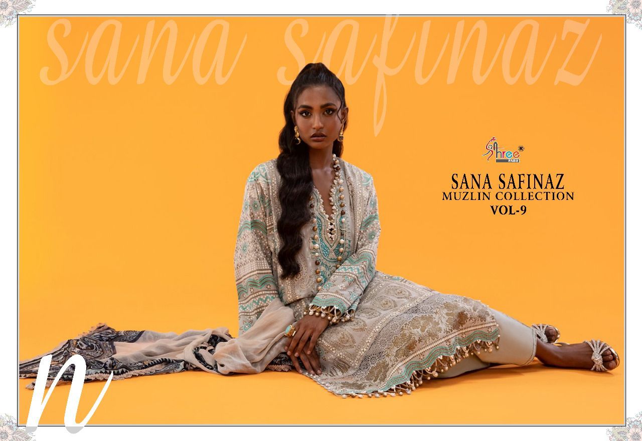 shree fabs sana safinaz muzlin collection vol 9 cotton elegant print salwar suit chiffon dupatta catalog