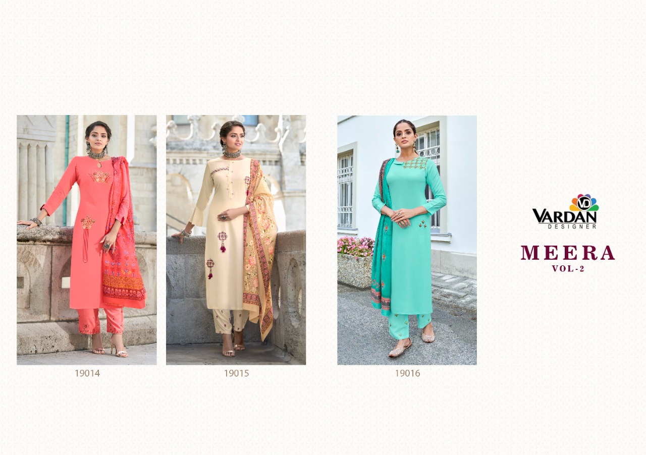 vardan designer Meera Vol 2 rayon regal look top bottom with dupatta catalog