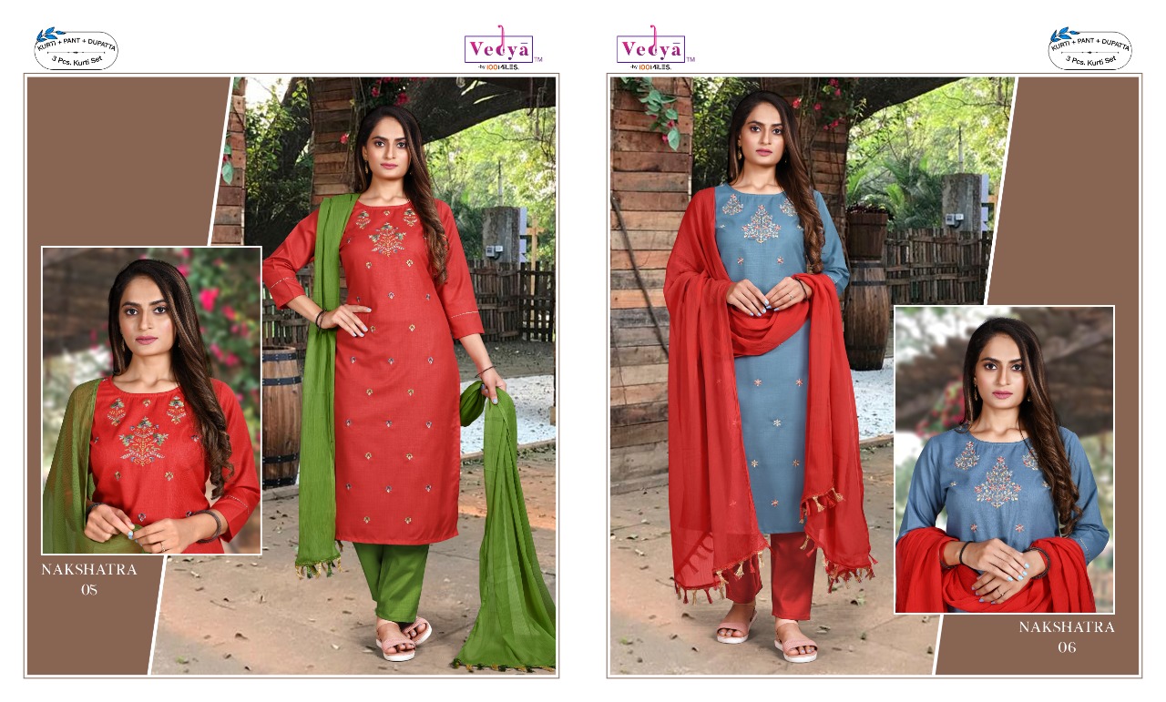 vedya nakshatra PC Slub fabric Embroidered astonishing look top with pant and dupatta catalog