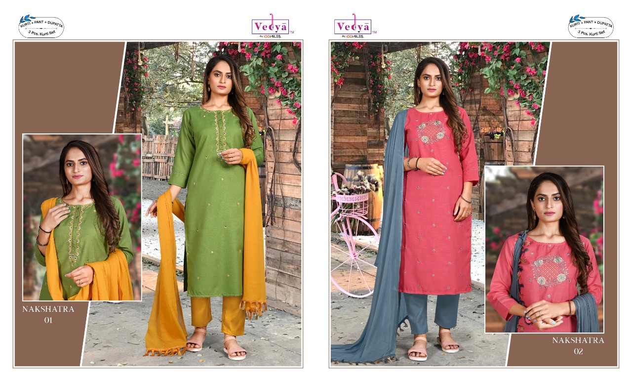 vedya nakshatra PC Slub fabric Embroidered astonishing look top with pant and dupatta catalog