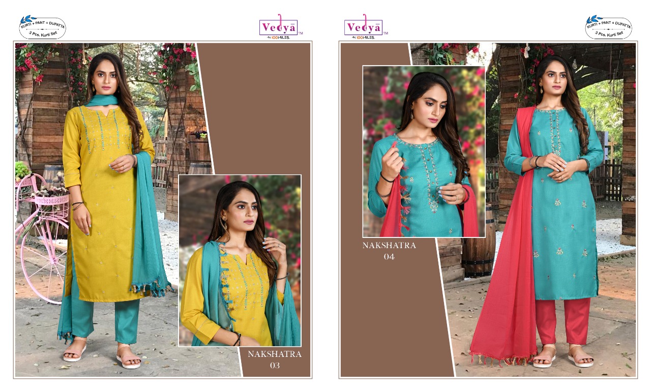 vedya nakshatra PC Slub fabric Embroidered astonishing look top with pant and dupatta catalog