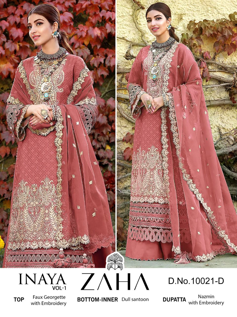 zaha inaya vol 1 10021 georgette graceful look salwar suit catalog