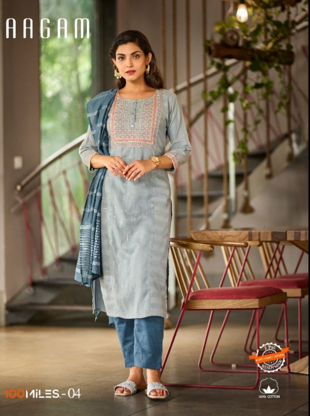 100 miles aagam cotton regal look top pent with dupatta catalog