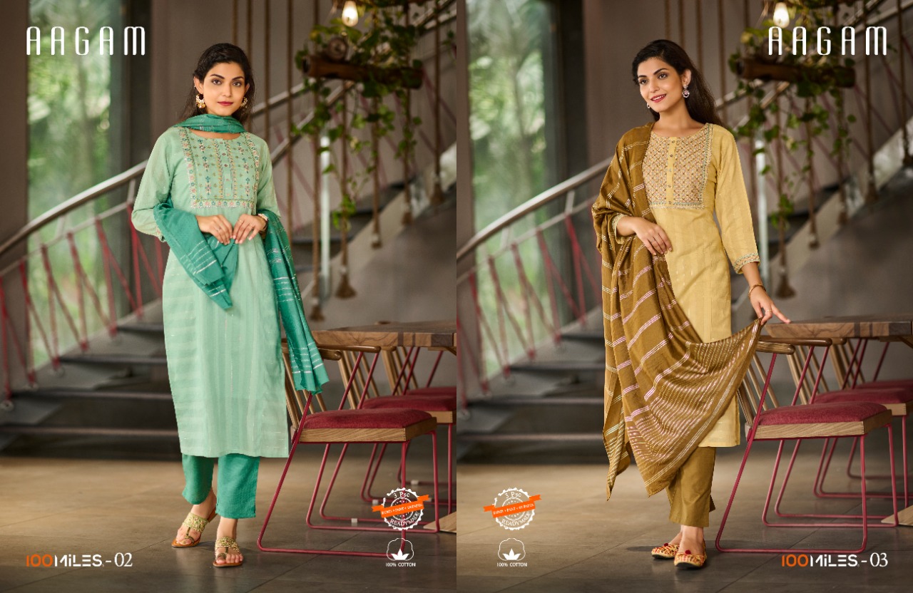 100 miles aagam cotton regal look top pent with dupatta catalog