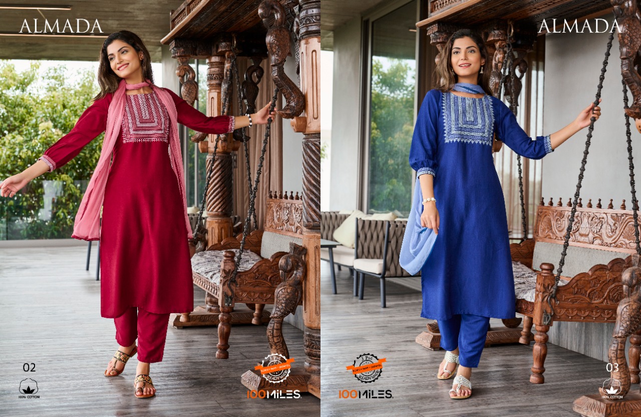 100 miles almada Fancy blended catchy look kurti pant with dupatta catalog