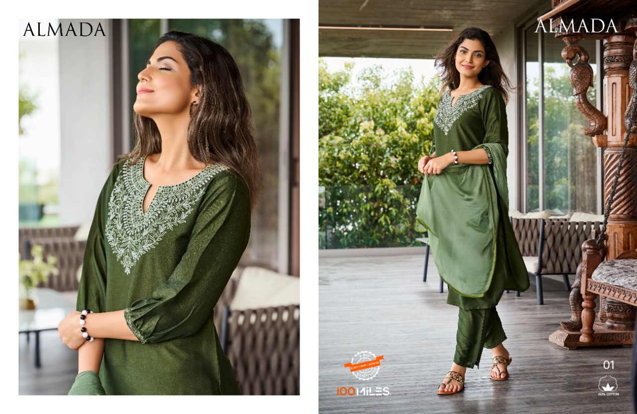 100 miles almada Fancy blended catchy look kurti pant with dupatta catalog