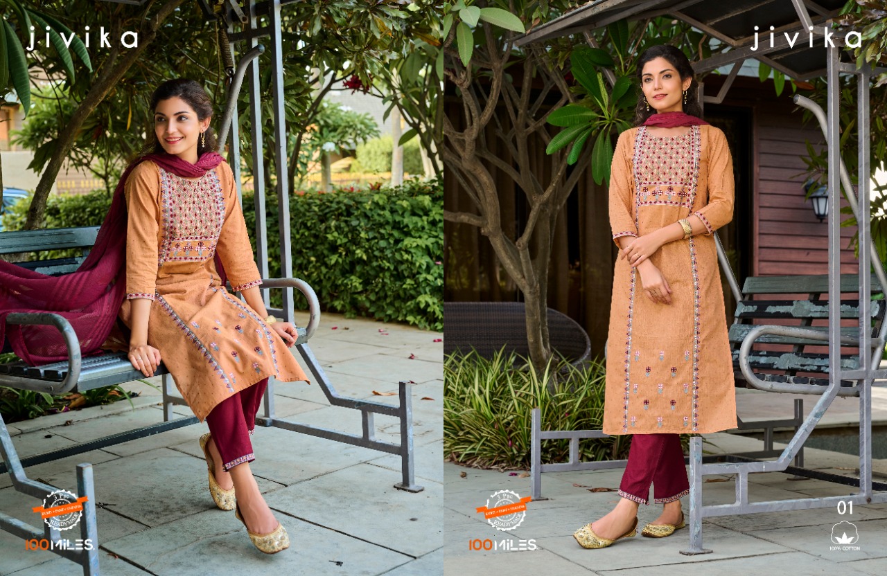 100 miles jivika cotton new and modern style top bottom with dupatta catalog