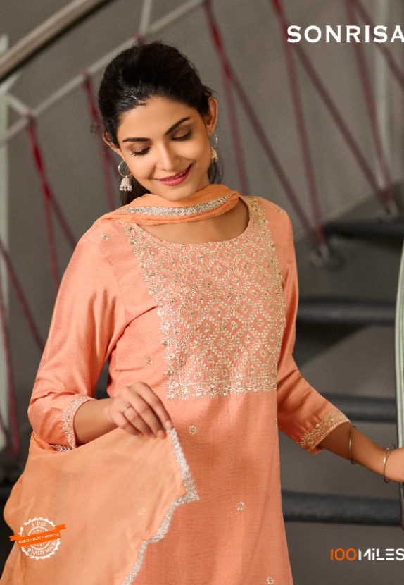 100 miles sonrisa viscose catchy look kurti pant with dupatta catalog