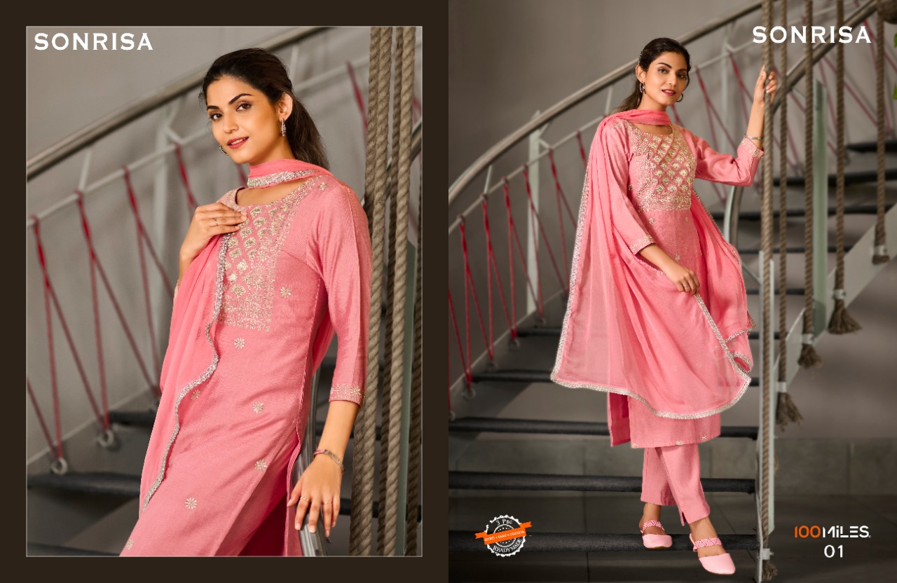 100 miles sonrisa viscose catchy look kurti pant with dupatta catalog