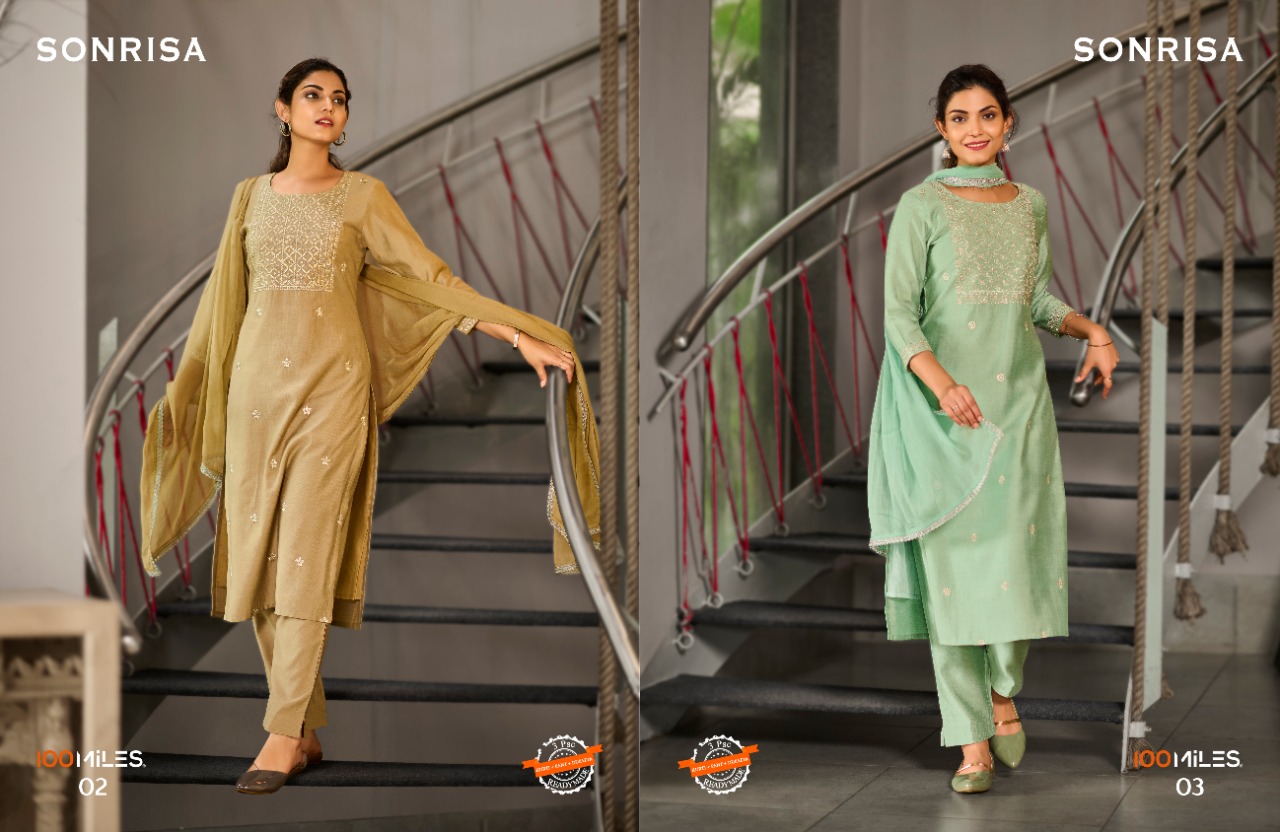 100 miles sonrisa viscose catchy look kurti pant with dupatta catalog