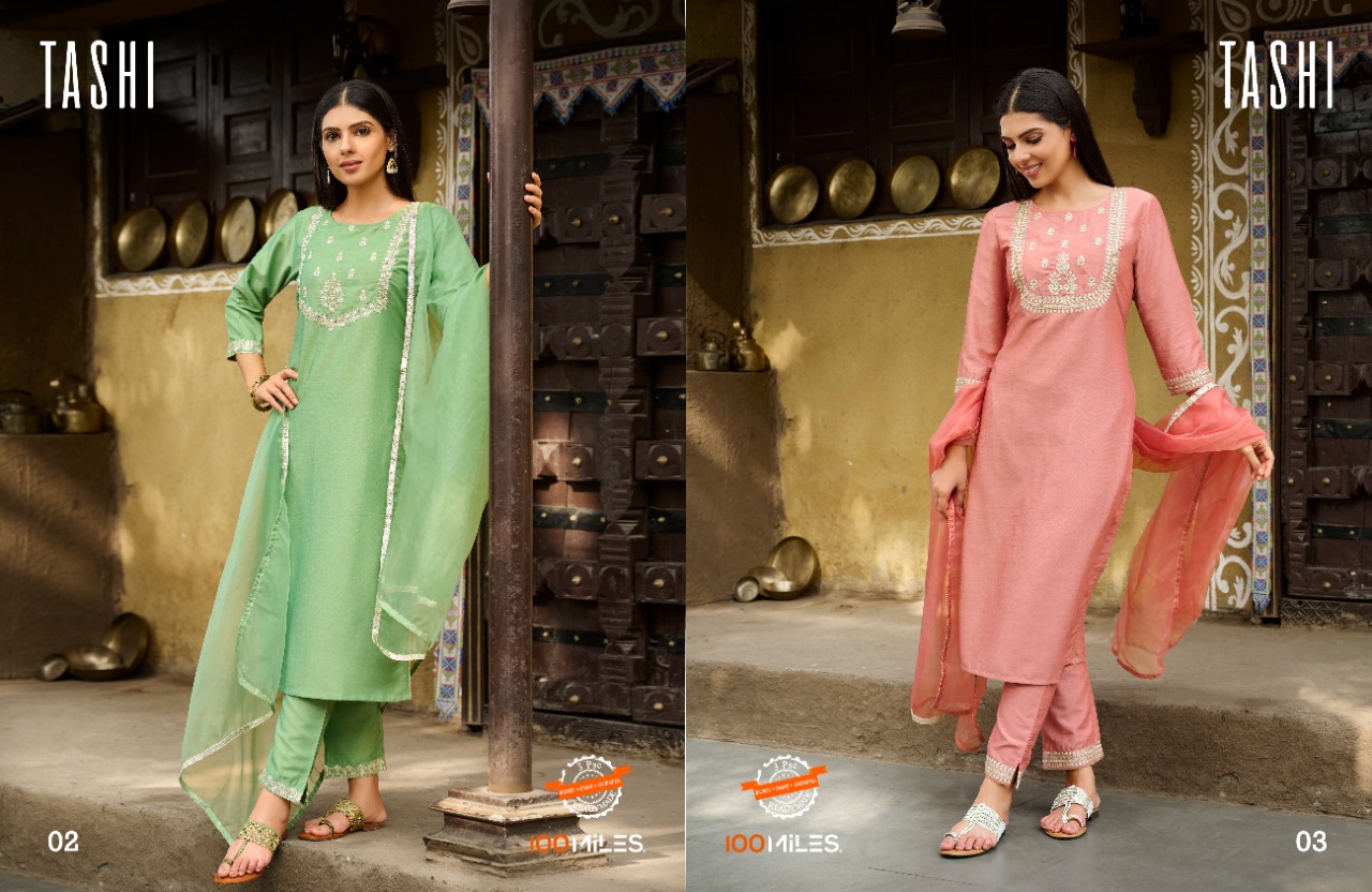 100 miles tashi fancy decent look top pant with dupatta catalog