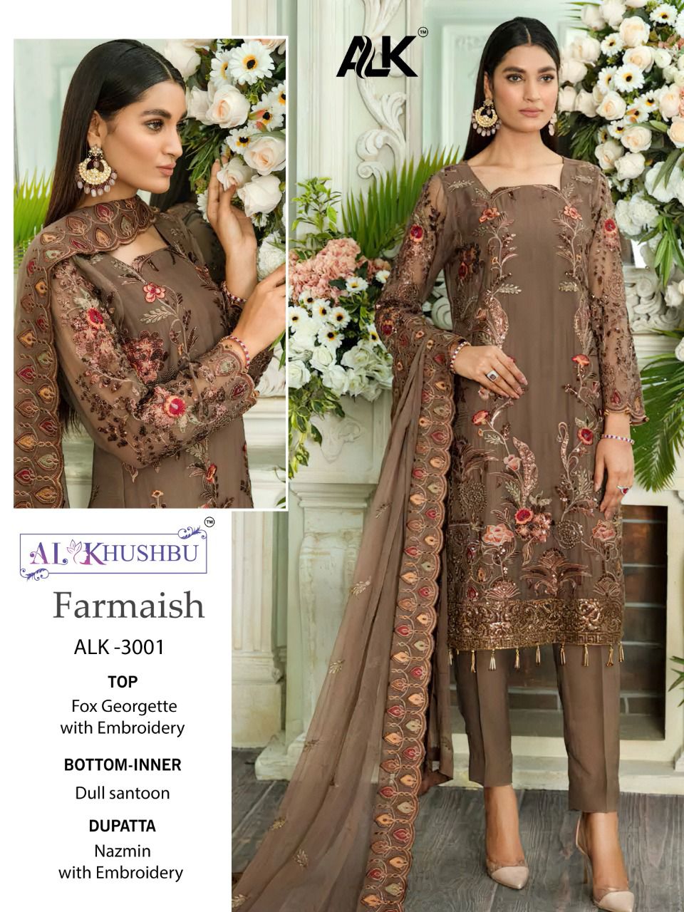 al khushbu farmaish vol 1DNO 3001 3002 3003 georgette exclusive look salwar suit catalog