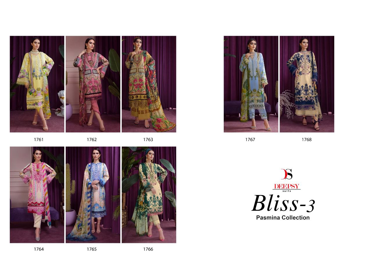 deepsy suit bliss 22-3 pasmina decent embroidery look salwar suit catalog