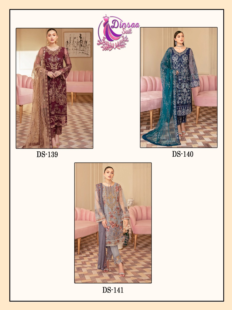 dinsaa suit D NO 139 TO 141 georgette regal look salwar suit catalog