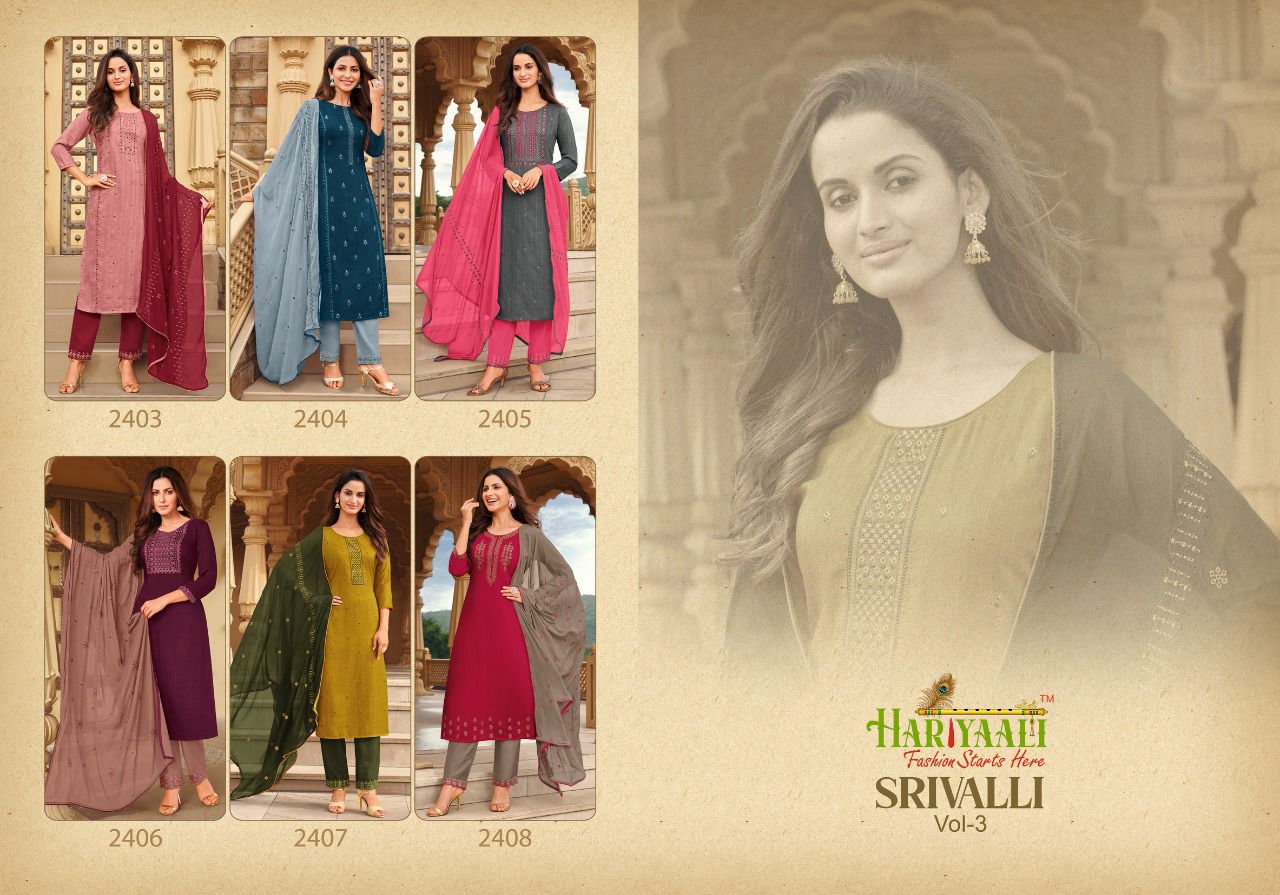 Hariyaali srivalli vol 3 crape silk innovative look top Bottom and dupatta catalog