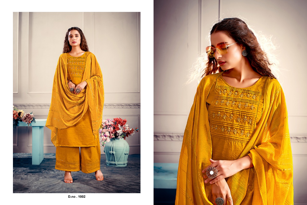 jinesh nx aafreen parampara silk beauiful colours kurti pant with dupatta catalog