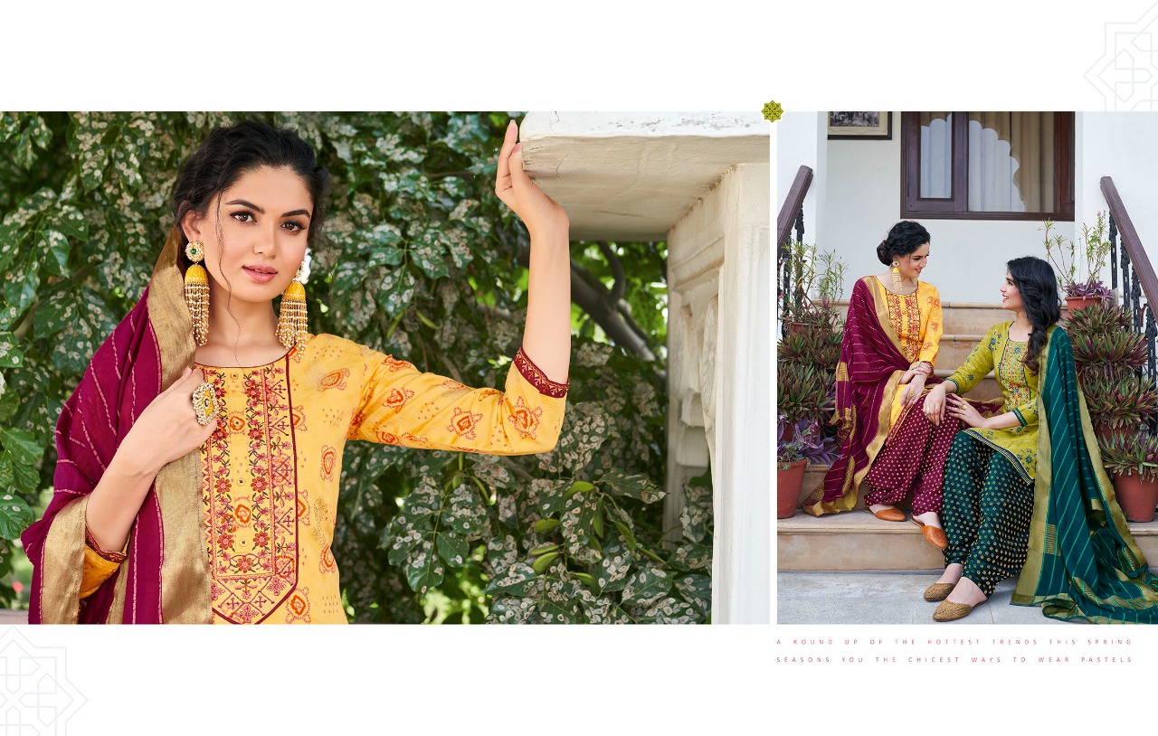 kalaroop by kajree bandhej chanderi silk graceful look kurti pant with dupatta catalog