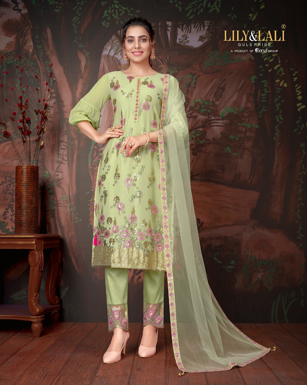 lily and lali merina net gorgeous look top bottom with dupatta catalog