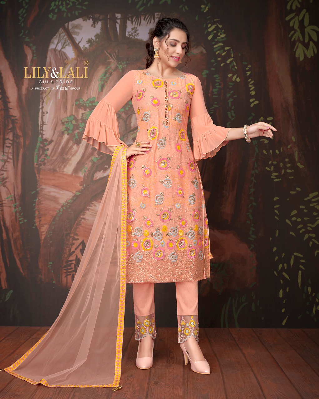 lily and lali merina net gorgeous look top bottom with dupatta catalog