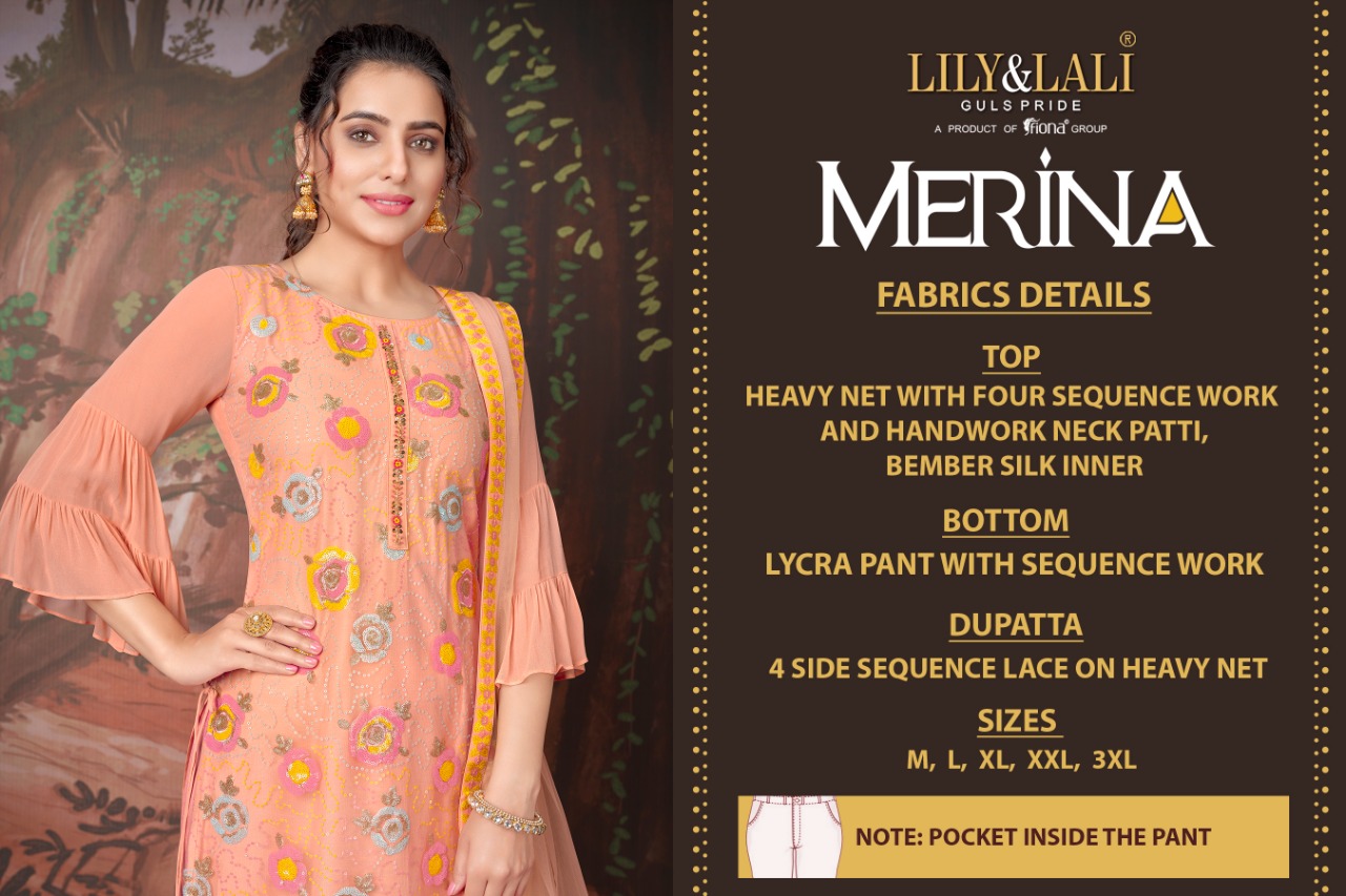 lily and lali merina net gorgeous look top bottom with dupatta catalog