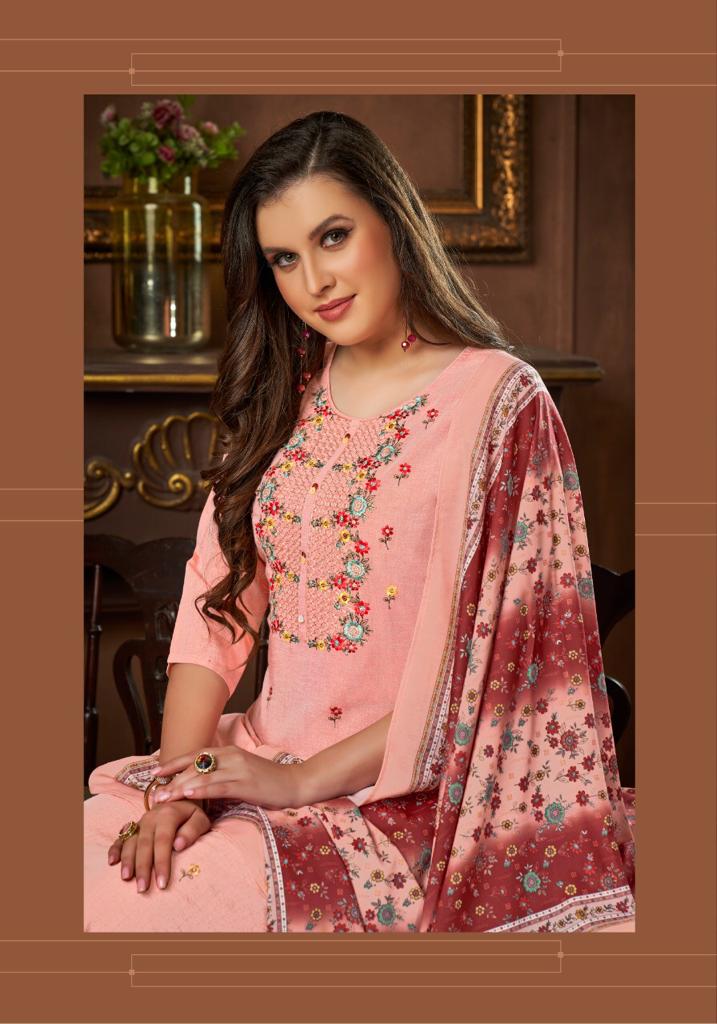 pink mirror precious viscose silk attrective embroidary look top with pant and dupatta catalog