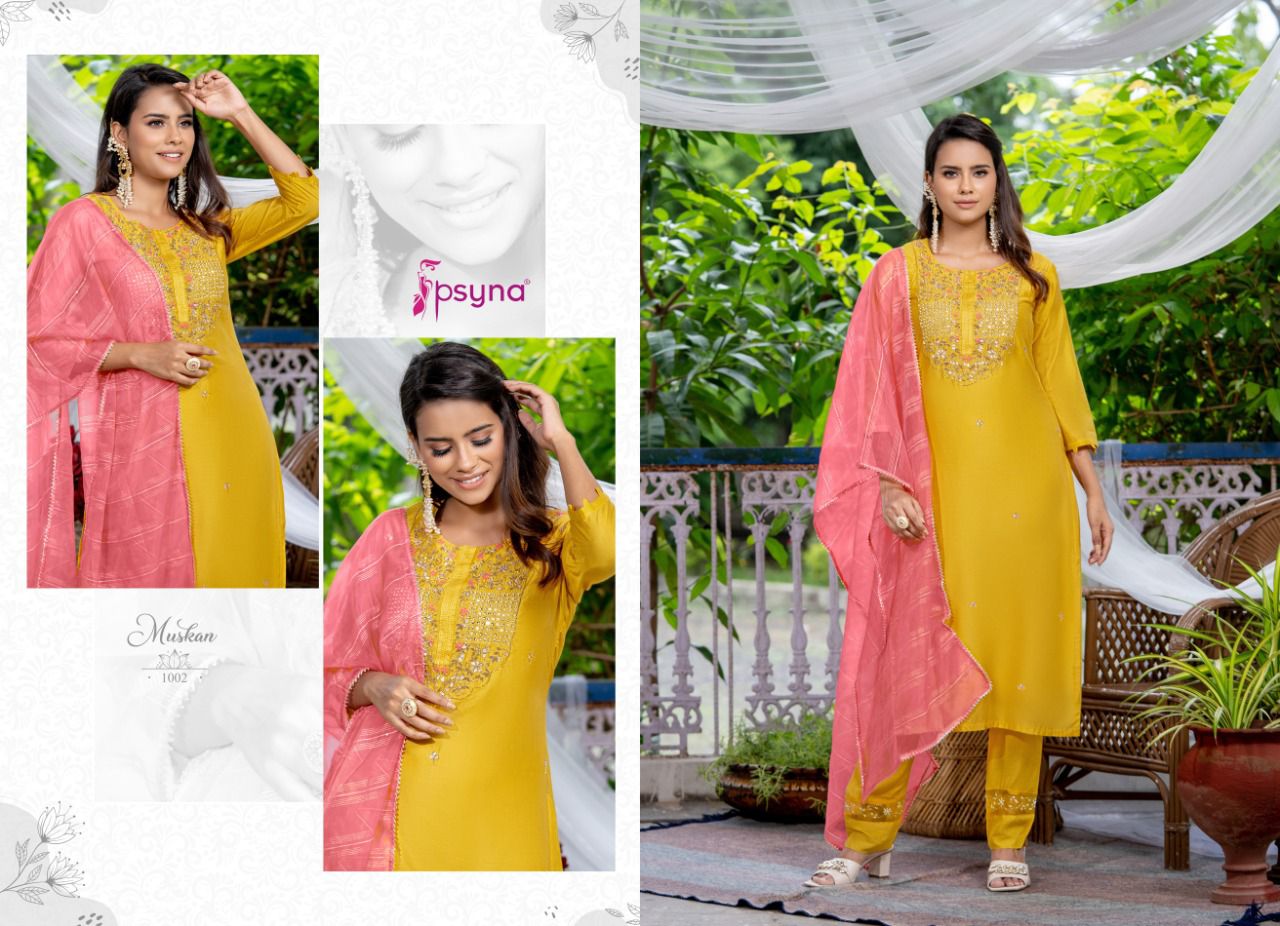 psyna muskan chanderi new and modern style top bottom with dupatta catalog