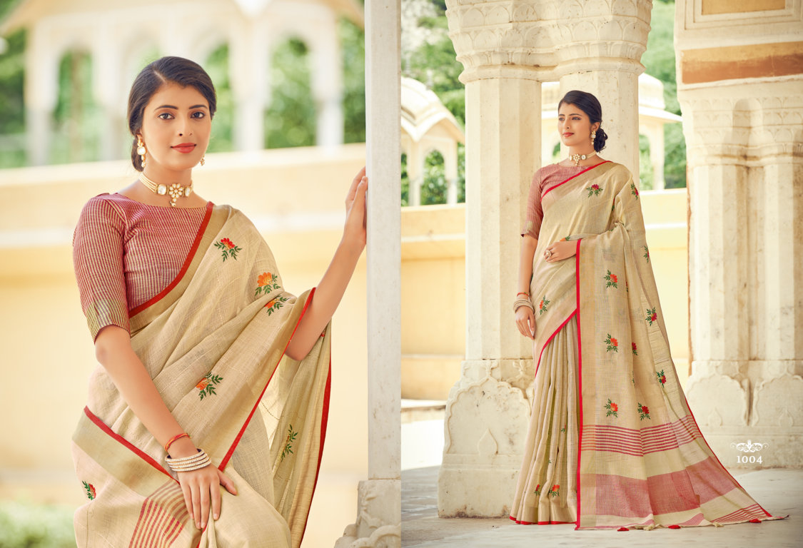 sangam print Sushmita Sarees style linen innovative look saree catalog