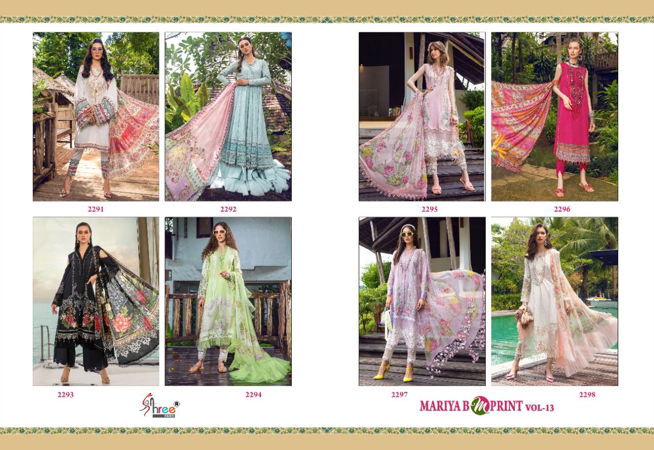 shree fab mariya b m print vol 13 elegant look salwar suit with cotton dupatta catalog