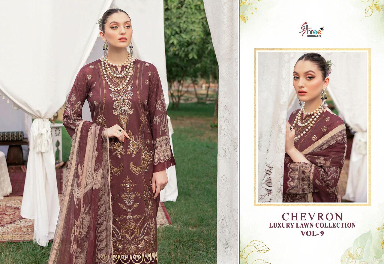 shree fabs chevron luxury lawn collection vol 09 cotton catchy print salwar suit with silver dupatta catalog