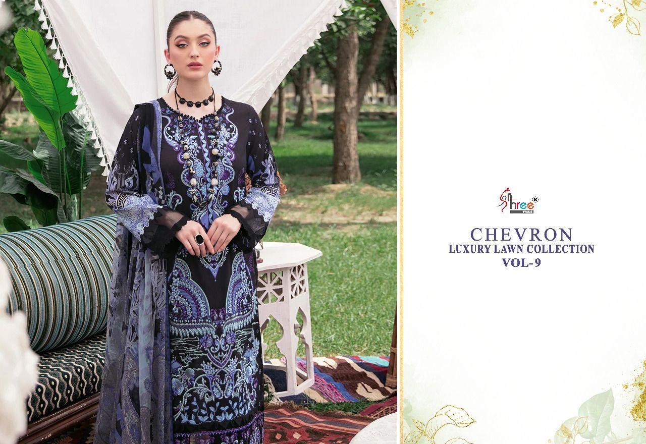 shree fabs chevron luxury lawn collection vol 09 cotton catchy print salwar suit with silver dupatta catalog