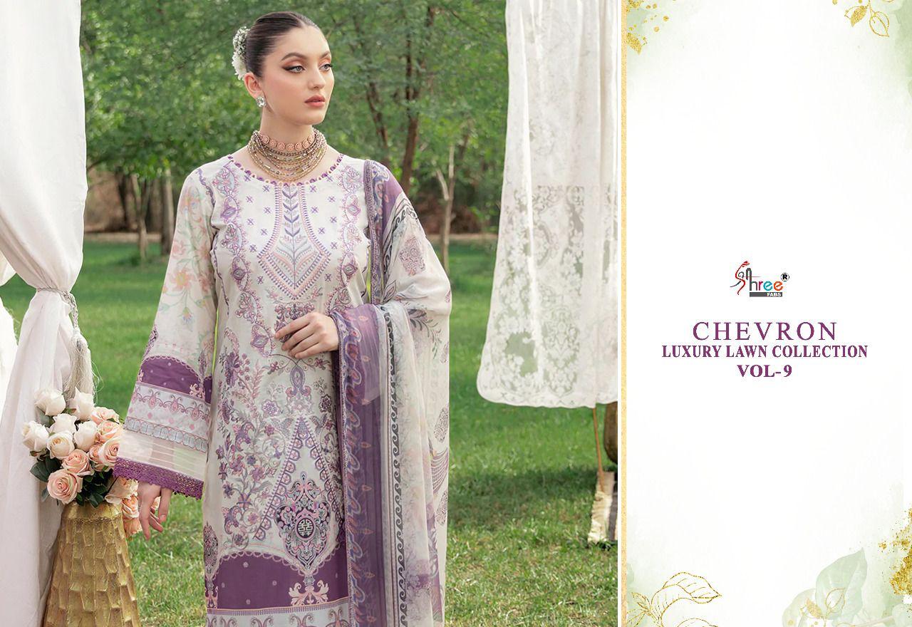 shree fabs chevron luxury lawn collection vol 09 cotton catchy print salwar suit with silver dupatta catalog