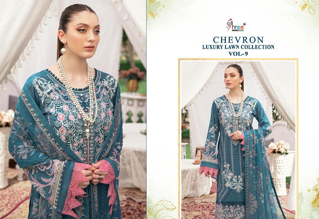 shree fabs chevron luxury lawn collection vol 09 cotton catchy print salwar suit with silver dupatta catalog