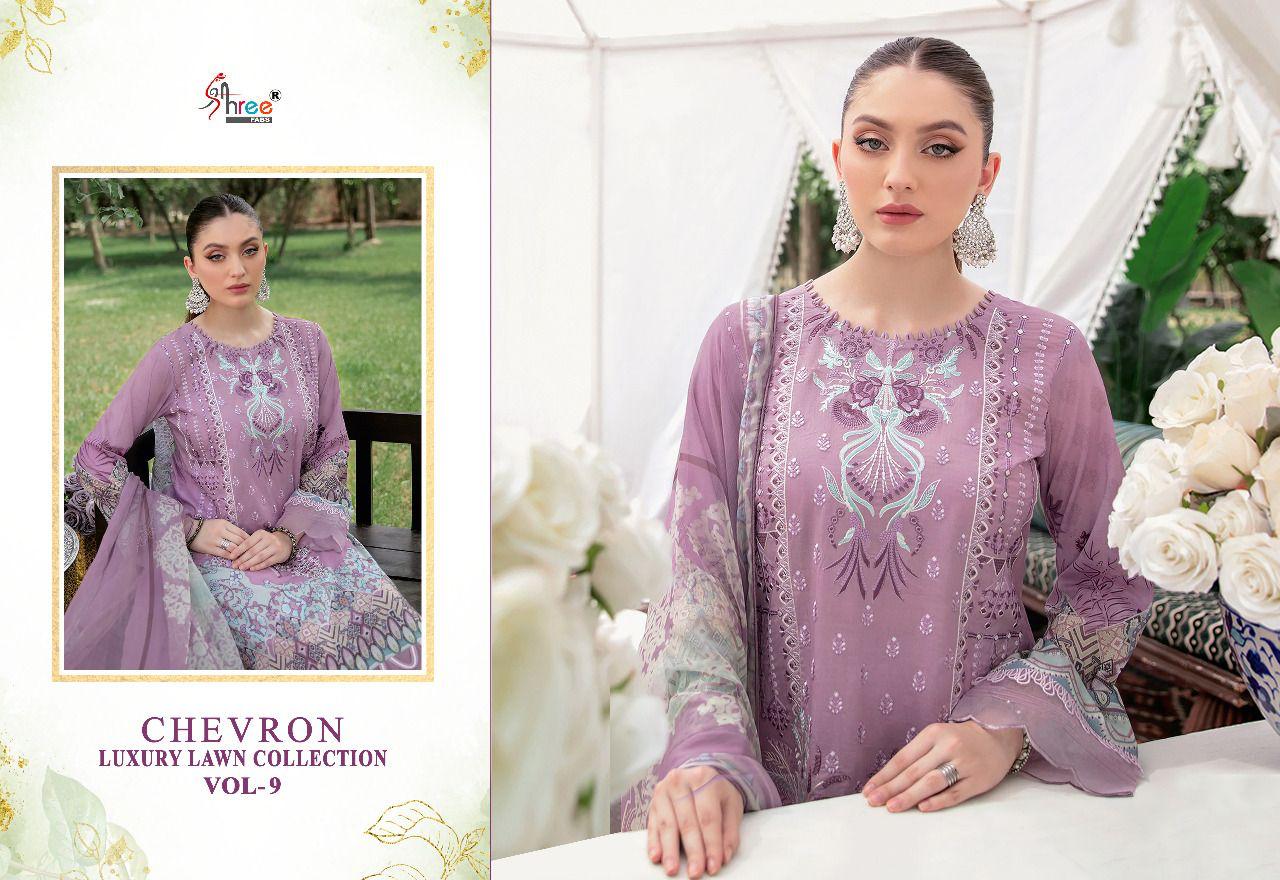 shree fabs chevron luxury lawn collection vol 09 cotton catchy print salwar suit with silver dupatta catalog