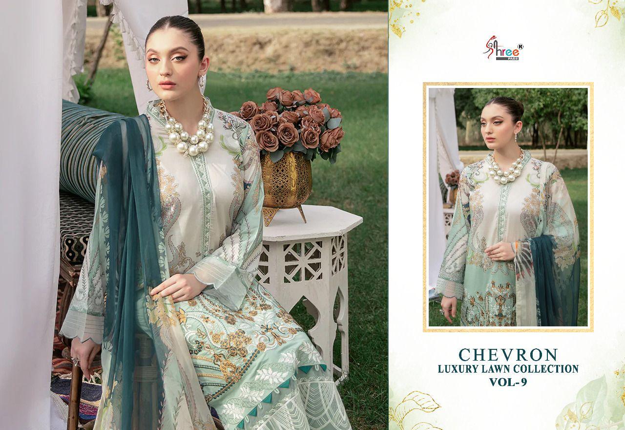 shree fabs chevron luxury lawn collection vol 09 cotton catchy print salwar suit with silver dupatta catalog