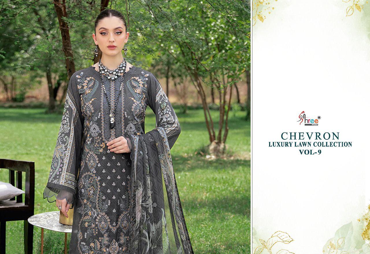 shree fabs chevron luxury lawn collection vol 09 cotton catchy print salwar suit with silver dupatta catalog